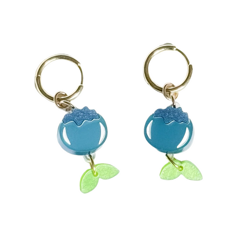 Blueberry-shaped hoop earrings by Elise Design Company featuring vibrant blue enamel and gold-tone metal.