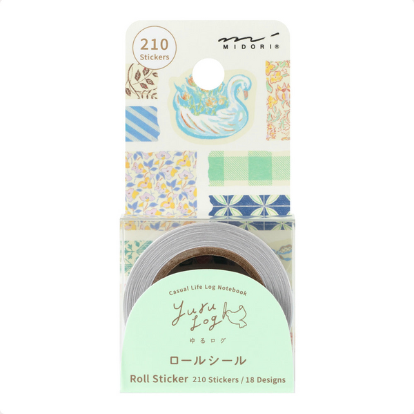 Midori Yuru Log Notebook roll sticker pack containing 210 stickers in 18 designs, featuring a light green label and a roll of patterned washi tape.
