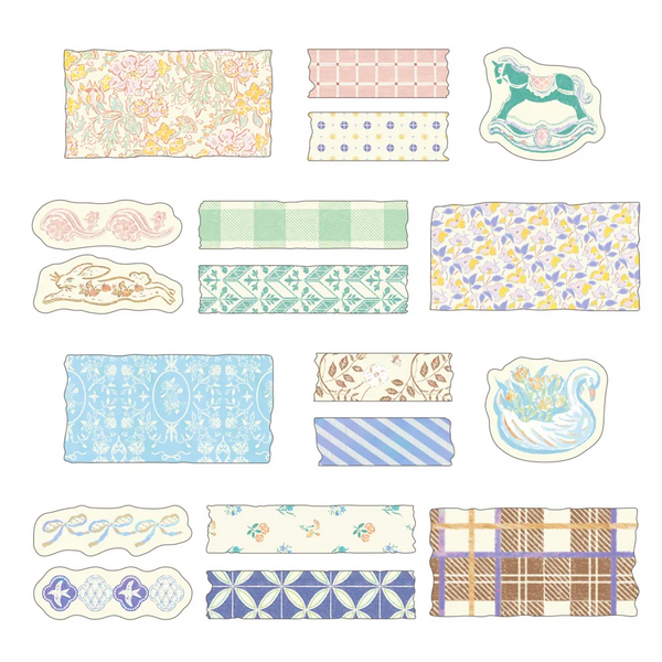 A collection of decorative antique washi tape rolls with various patterns including florals, stripes, plaid, and geometric designs in pastel colors on a white background.
