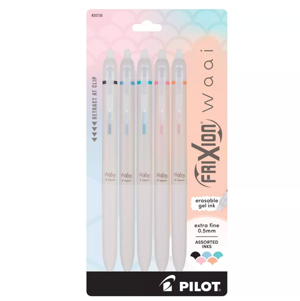 A retail pack of six Pilot Frixion waai erasable gel pens in assorted ink colors, mounted on a pastel-colored backing card with a black brand footer.