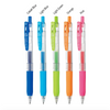 Six Sakura gel pens in different colors are lined up on a white background with color names above each pen: Cobalt Blue, Light Blue, Light Green, Orange, Pink, and a darker blue variant.