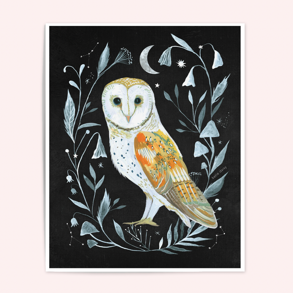 Katie Daisy Print - Barn Owl Art: 11x14 - Freshie & Zero Studio Shop