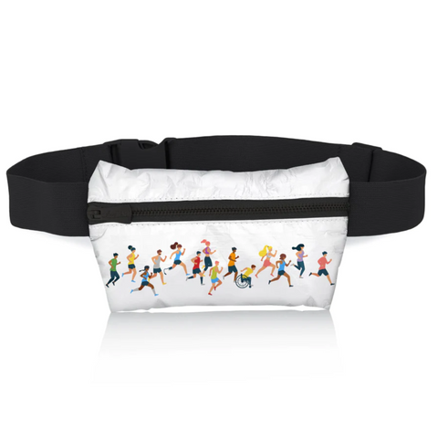 HiLoveTravel Marathon Runners Slim Fanny Pack tote with adjustable strap and multiple compartments, shown with a towel in the image.