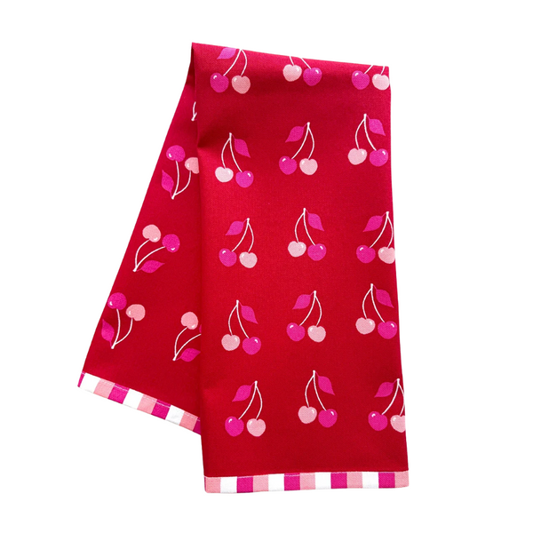 Pink cherries cotton tea towel from J Falkner, featuring a colorful cherry print, ideal for kitchen and dish drying.