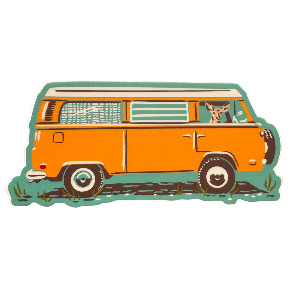 Classic camper van sticker by Caroline Clark featuring a charming vintage van illustration
