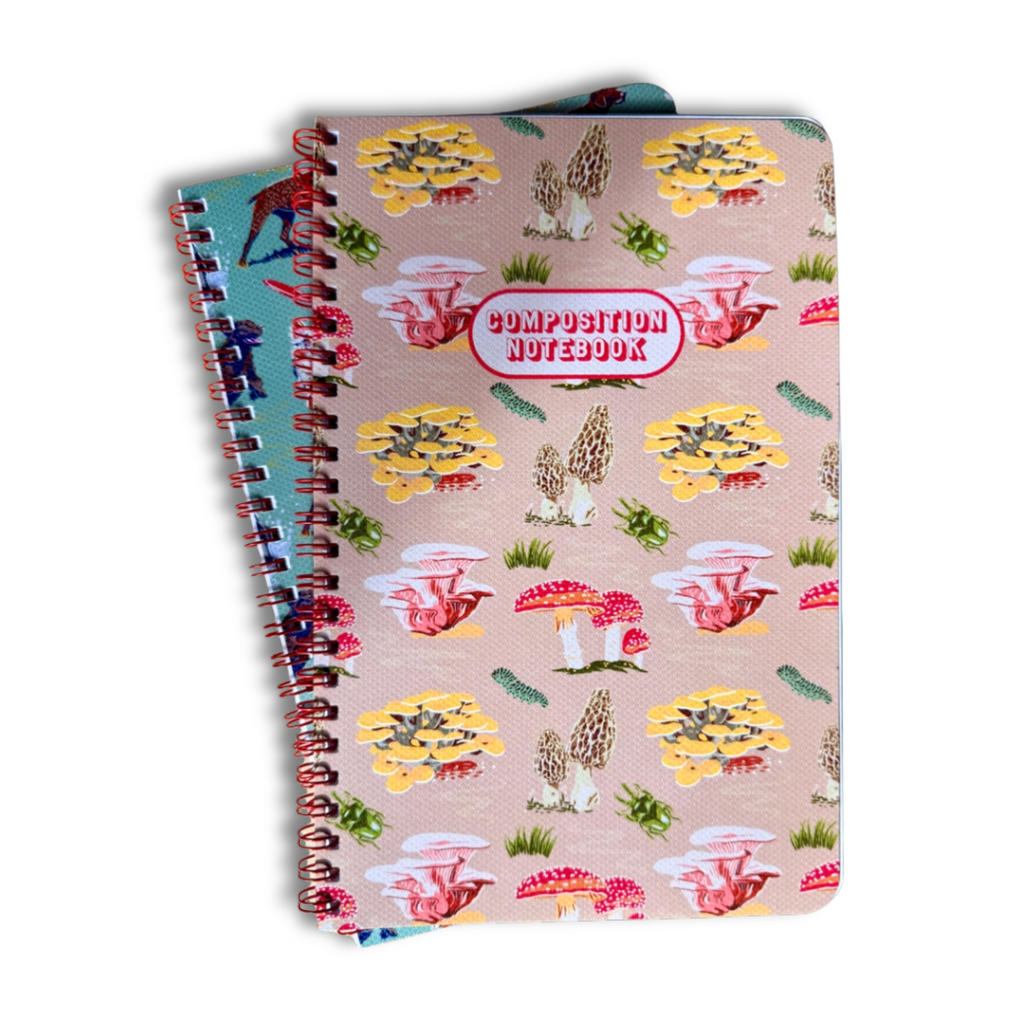 Caroline Clark mushroom pattern notebook cover with colorful fungi illustrations