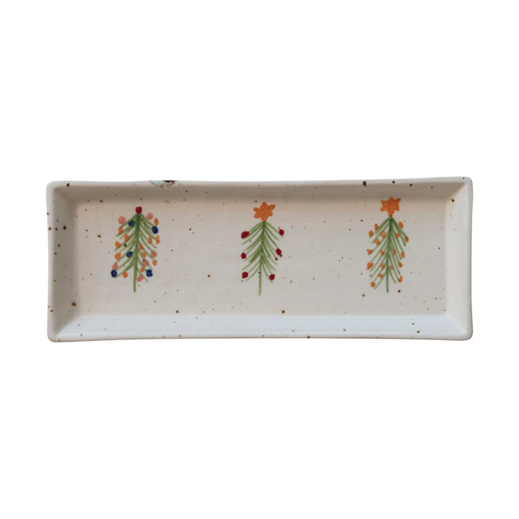 Hand-Painted Stoneware Platter with Christmas Trees - Freshie & Zero Studio Shop