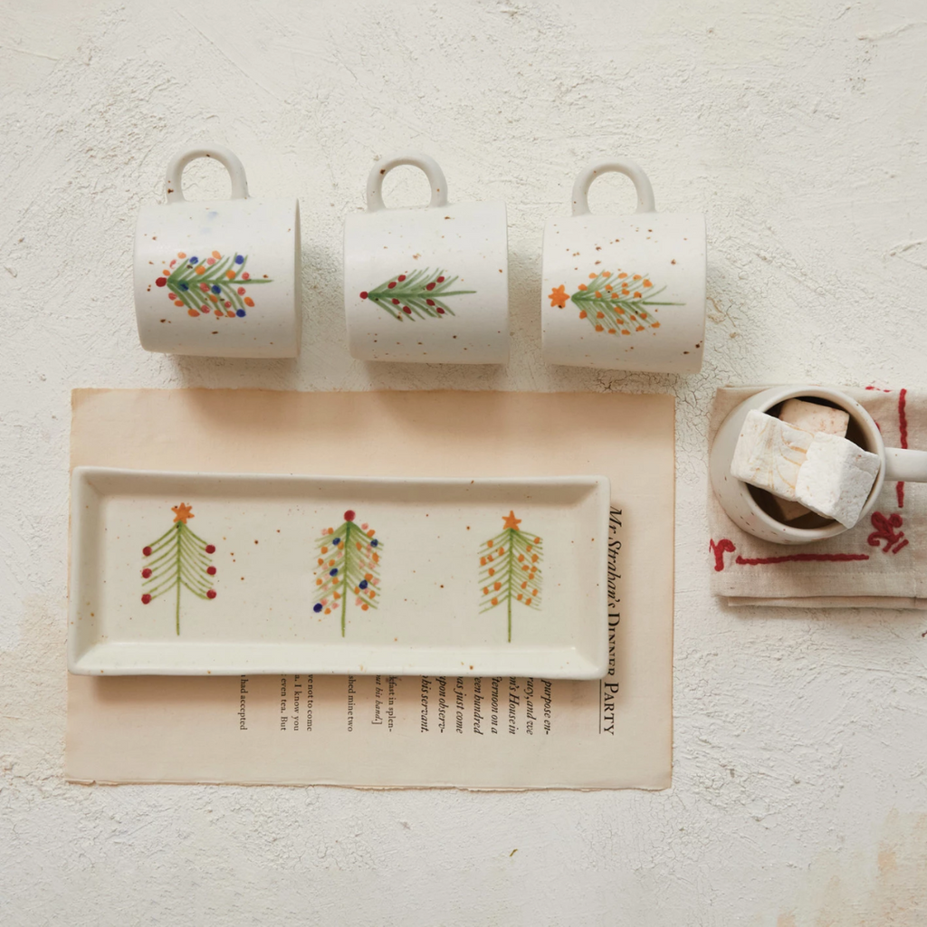Hand-Painted Stoneware Platter with Christmas Trees - Freshie & Zero Studio Shop