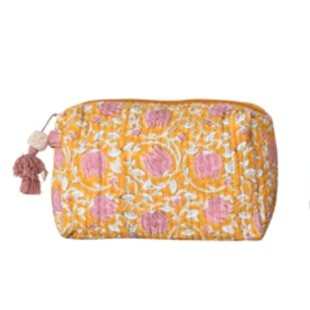 Goldenrod and Pink Floral Cotton Voile Quilted Zip Pouch - Freshie & Zero Studio Shop