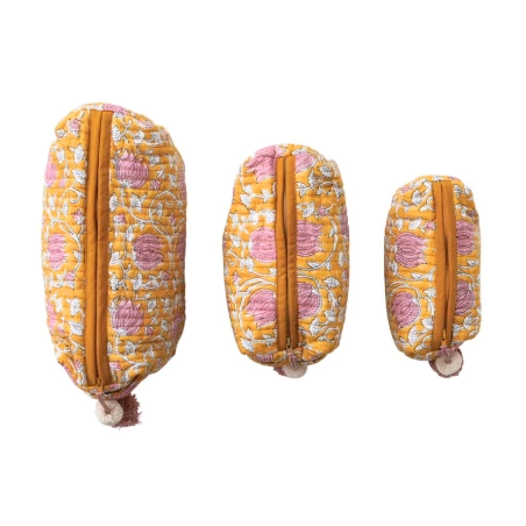 Goldenrod and Pink Floral Cotton Voile Quilted Zip Pouch - Freshie & Zero Studio Shop