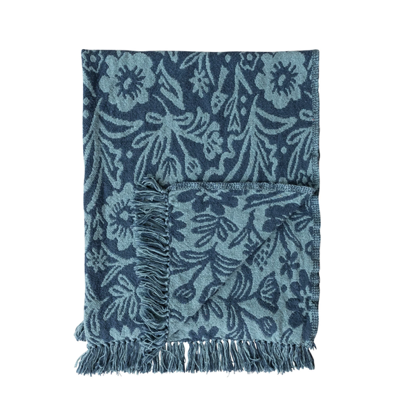 Blue Floral Fringed Throw Blanket - Freshie & Zero Studio Shop