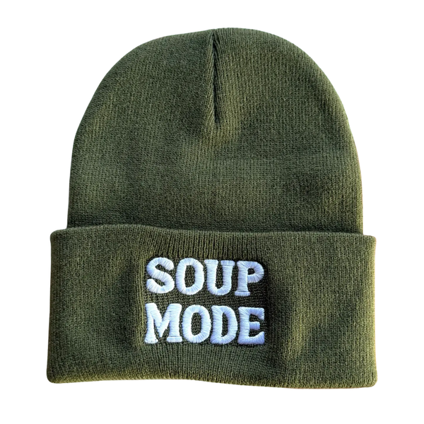 Silver Spider embroidered beanie winter hat with "Soup Mode" design, made of warm knit material for cold weather.