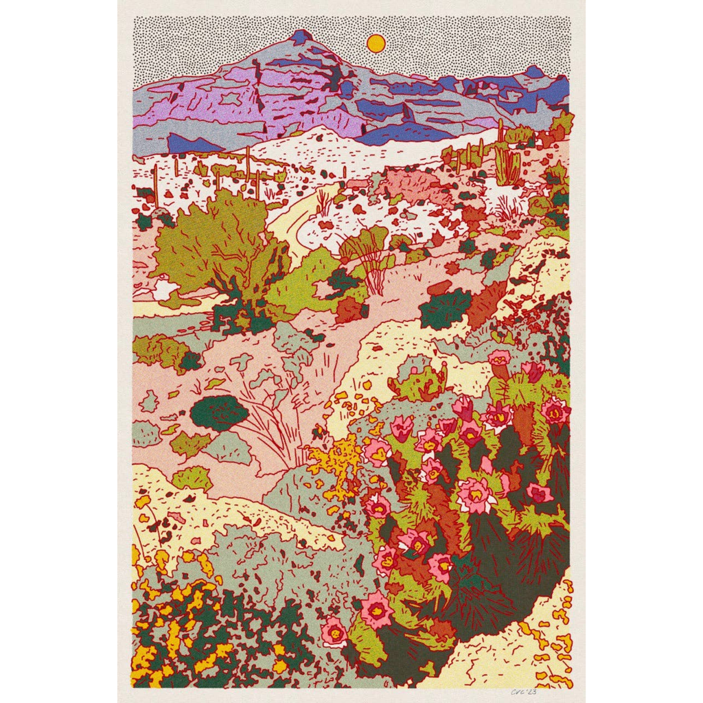 Vertical mountain cactus print by Caroline Clark, featuring a desert landscape with towering cacti and mountains