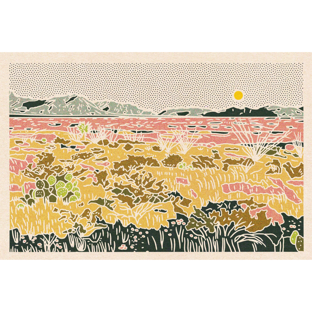 New Mexico desert landscape art print by Caroline Clark featuring warm desert scenery and open sky