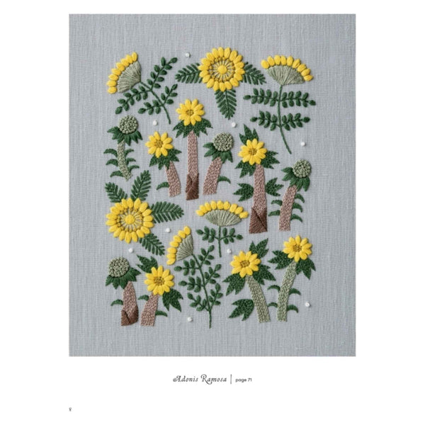 Open book titled "Embroidering Life" showing colorful embroidery patterns and stitching projects for all seasons.