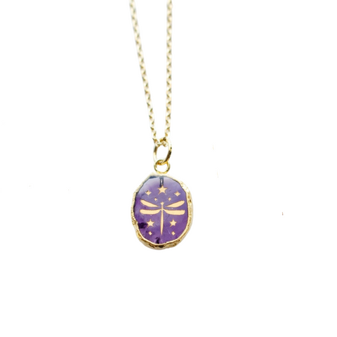 Amethyst gemstone dragonfly pendant necklace by Jill Makes, featuring a detailed purple gemstone dragonfly charm.