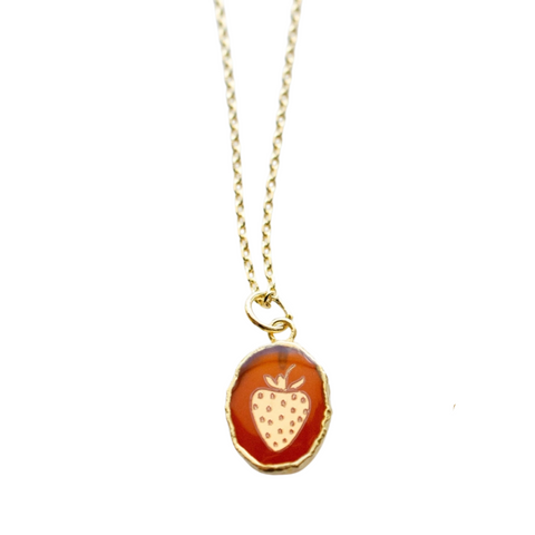 Red onyx strawberry gemstone symbol necklace by Jill Makes, featuring a vibrant red onyx fruit pendant on a delicate chain.