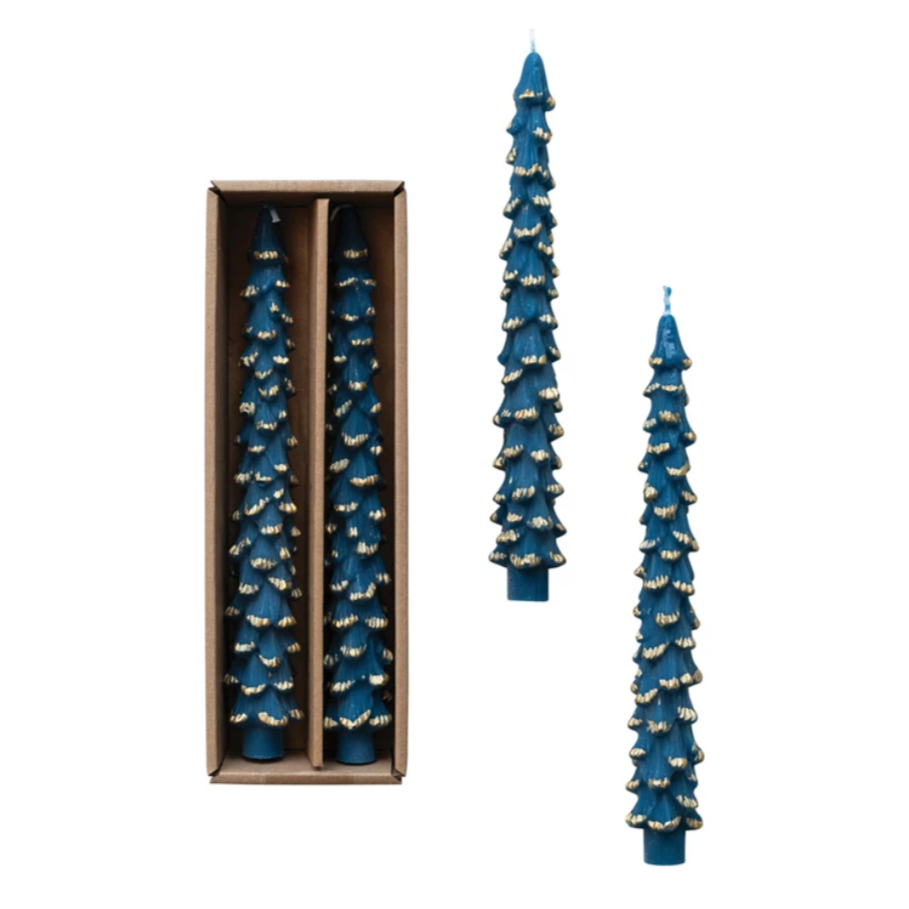 Tree Shaped 10" Taper Candles Set of 2 - Blue Gold - Freshie & Zero Studio Shop