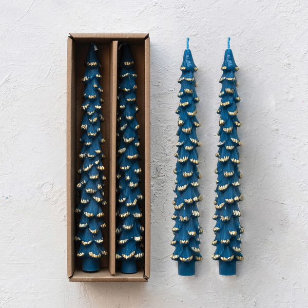 Tree Shaped 10" Taper Candles Set of 2 - Blue Gold - Freshie & Zero Studio Shop