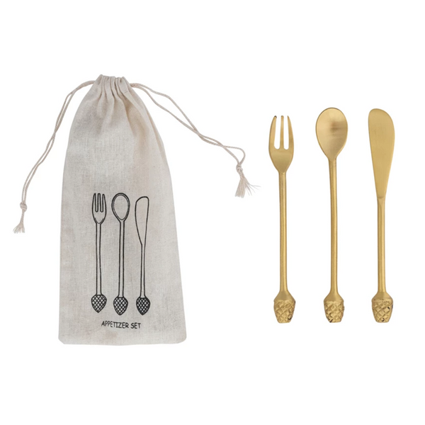 Brass Appetizer Utensils with Pinecone Handles | Set of 3 - Freshie & Zero Studio Shop