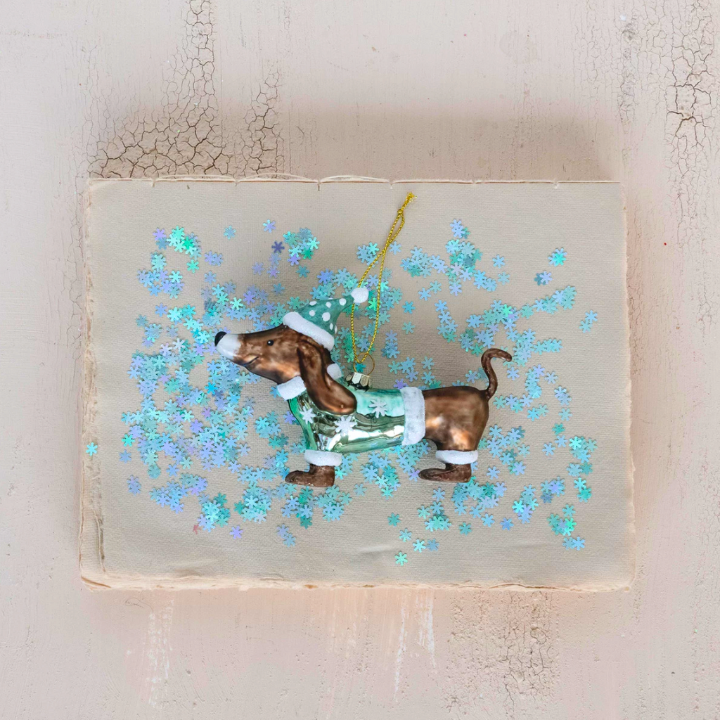 Festive Pup in Sweater and Santa Hat | Glass Ornament - Freshie & Zero Studio Shop