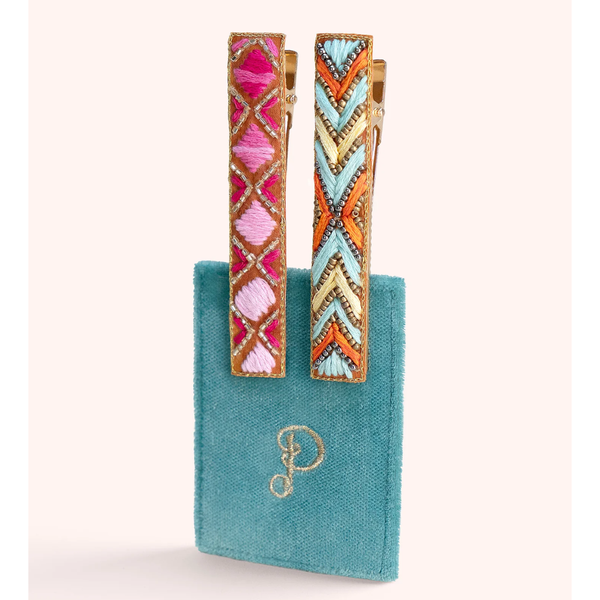 Embroidered Hair Clips - Fuchsia/Summer Deco - Freshie & Zero Studio Shop