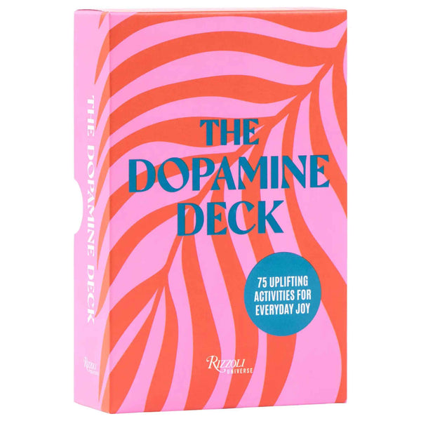 Open book titled "The Dopamine Deck" with colorful activity cards, designed to promote daily joy and mental well-being.