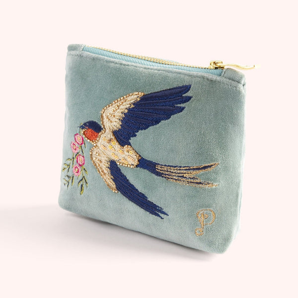 Velvet Embroidered Zip Pouch - Swooping Swallows - Freshie & Zero Studio Shop