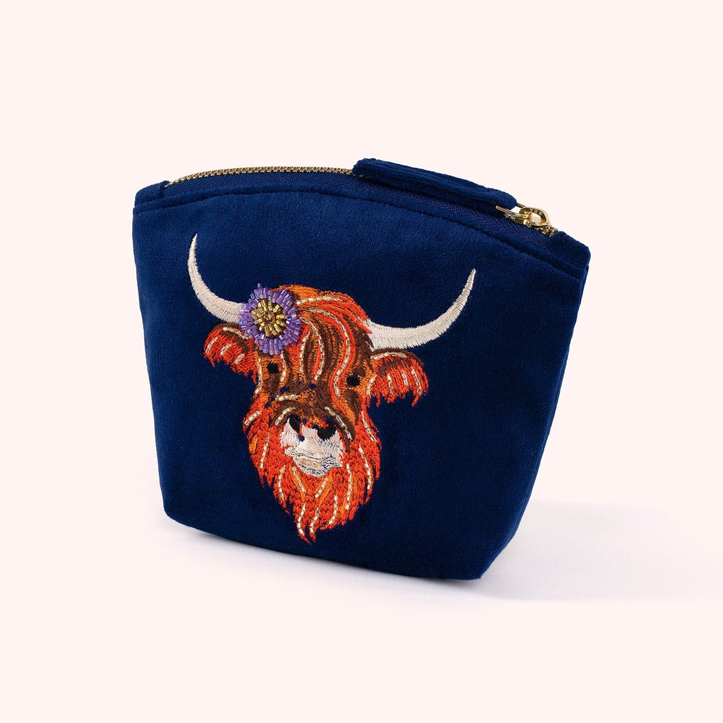 Velvet Embroidered Zip Pouch - Highland Cow - Freshie & Zero Studio Shop