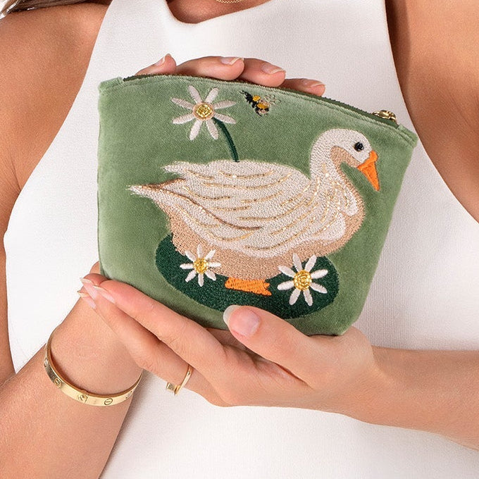Velvet Embroidered Zip Pouch - Garden Goose - Freshie & Zero Studio Shop