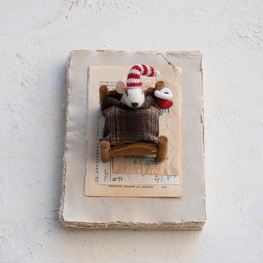 Wool Felt Mouse in Bed with Hat Ornament - Freshie & Zero Studio Shop