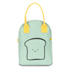 Mint Fluf Happy Bread lunch bag with a playful bread design, featuring a zipper closure and adjustable strap.
