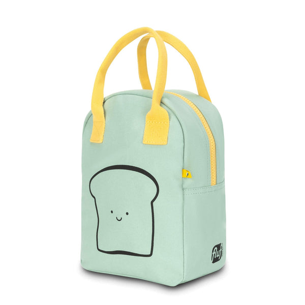 Mint Fluf Happy Bread Lunch Bag with zipper closure, featuring a playful bread design and durable fabric for kids' lunches.