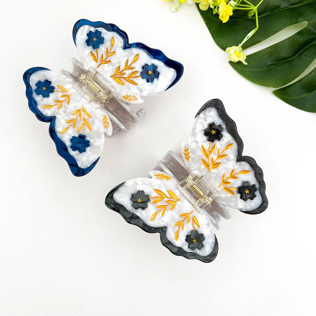Acetate Butterfly Hair Claw, Floral Design: Blue - Freshie & Zero Studio Shop
