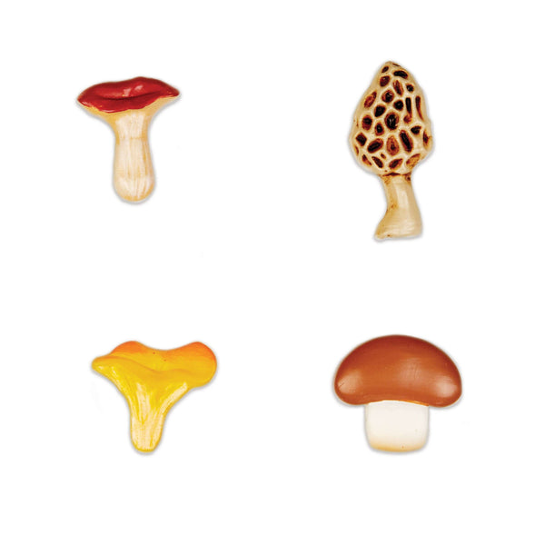 Set of four Mushroom Mighties® magnets by Three by Three Seattle, featuring colorful mushroom designs on a white background.
