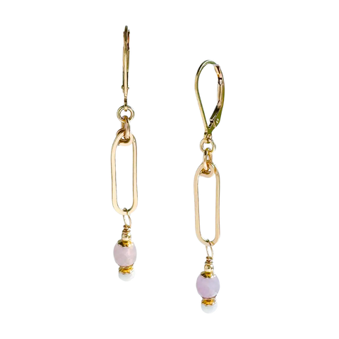 Gold Argan Drop Earrings by Freshie & Zero featuring lilac and cream-colored earrings with a sleek, elegant design.