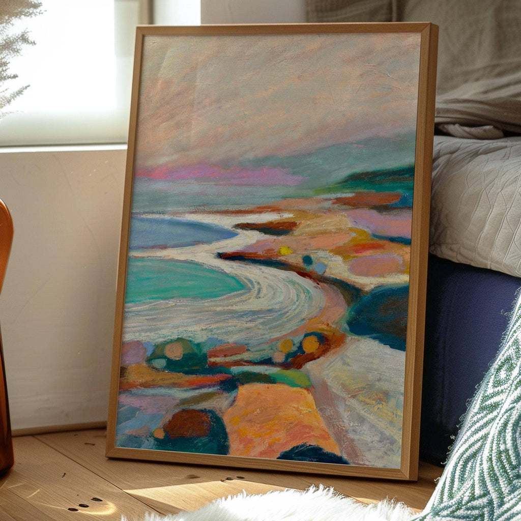 El Baker Art Santa Barbara Coastline oil pastel art print, 11x14 poster showcasing vibrant coastal landscape artwork.