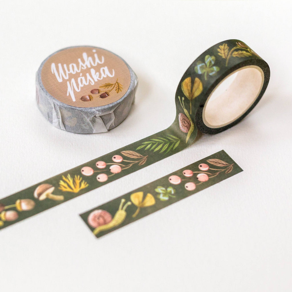 Washi tape from Wild Pencil Studio featuring woodland forest patterns, perfect for crafting and decorating projects.
