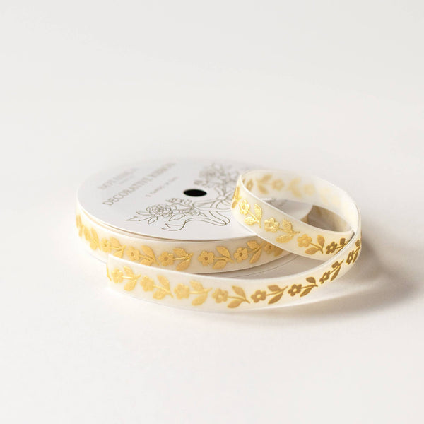 Gold Daisy velvet ribbon from Botanica Paper Co., 0.5 inch wide, 5 yards, shown in a close-up of the luxurious ribbon.