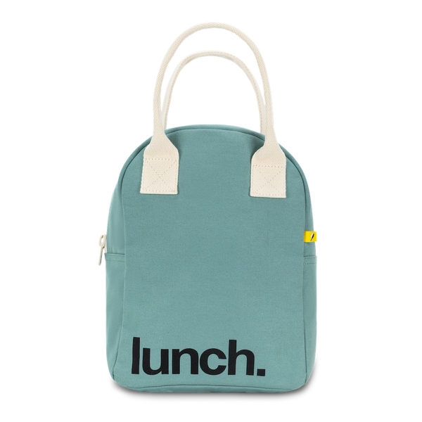 Teal classic lunch bag by Fluf, made of durable fabric, with a zipper closure and carry handle, ideal for school or work lunch.