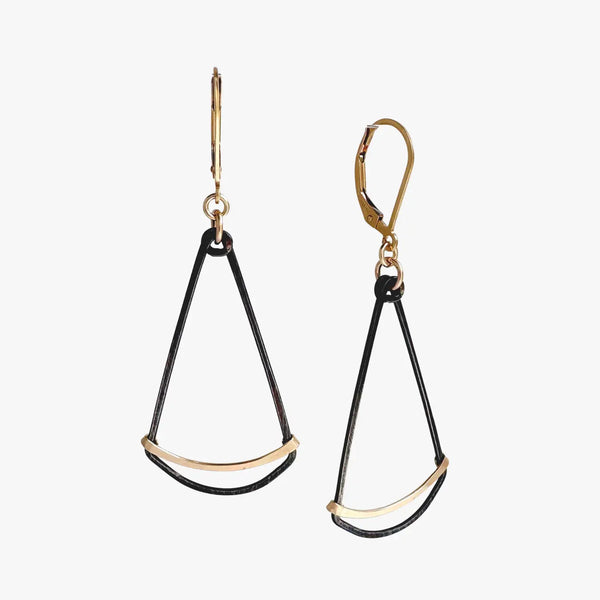 Long gold and ink fan earrings by Freshie & Zero featuring elegant, flowing design with intricate details.