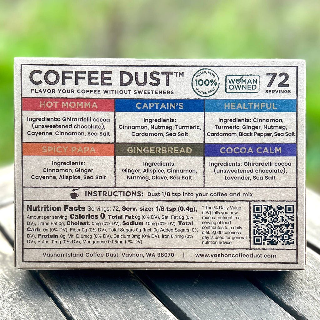 Vashon Island Coffee Dust sampler kit with 6 tins and tasting spoon