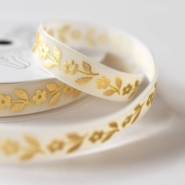 Gold Daisy Velvet Ribbon from Botanica Paper Co., 0.5-inch wide and 5 yards, shown as a luxurious gift wrapping accessory.