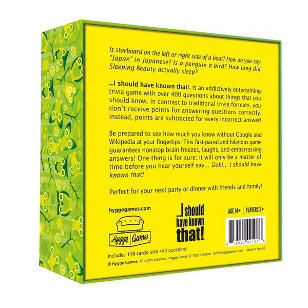 Hygge Games I Should Have Known That! trivia game box with colorful question-themed design
