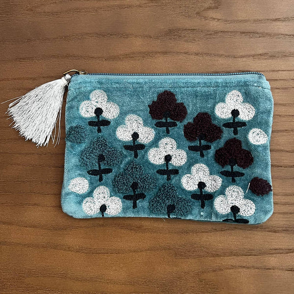 Blue Flowers Embroidered Cotton Velvet Coin Purse - Freshie & Zero Studio Shop