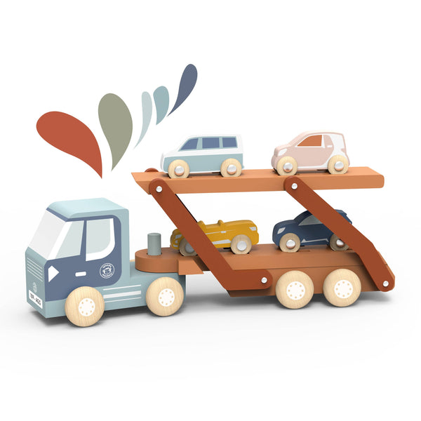 Wooden toy car carrier truck by Speedy Monkey featuring colorful wooden vehicles on a sturdy carrier platform.
