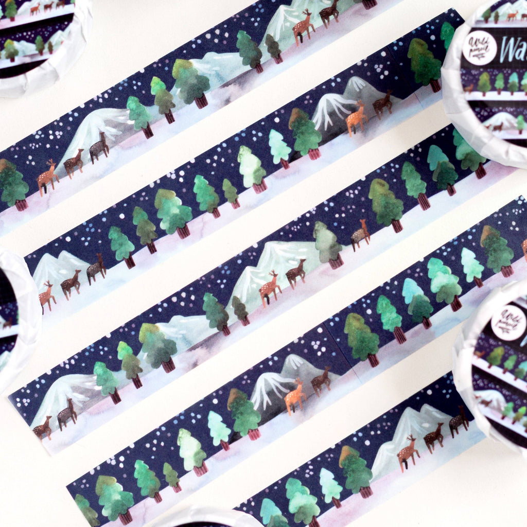 Wild Pencil Studio Winter Night Scene Washi Tape featuring a snowy night sky with stars and moon, ideal for decorating crafts and journals.