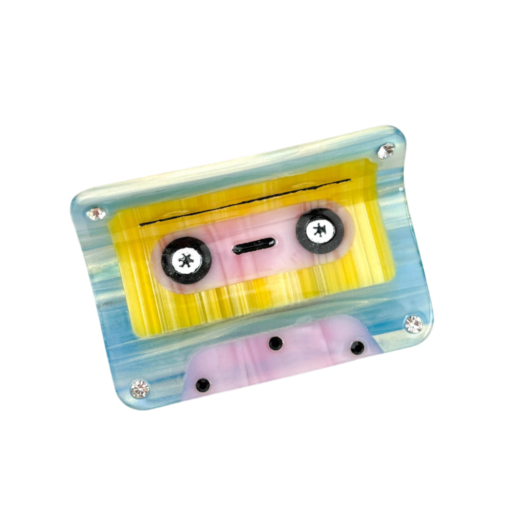 cassette tape hair claw pink blue yellow