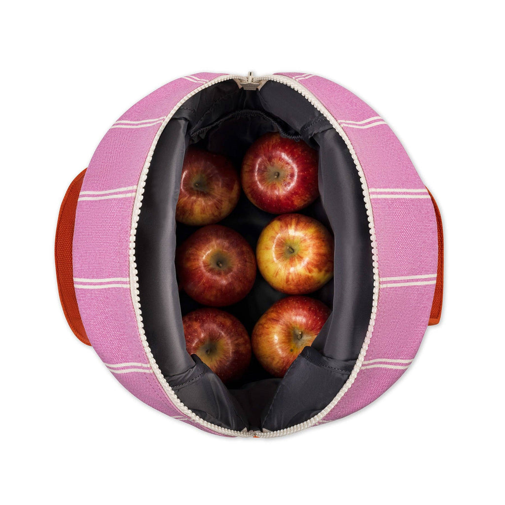 Pink striped Fluf lunch bag with zipper closure, featuring a compact design and adjustable strap, ideal for carrying meals.