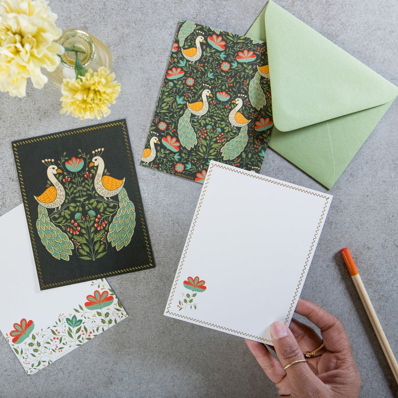 Teal Peacock Floral Luxury Stationery Set – 8 Flat Notecards - Freshie & Zero Studio Shop